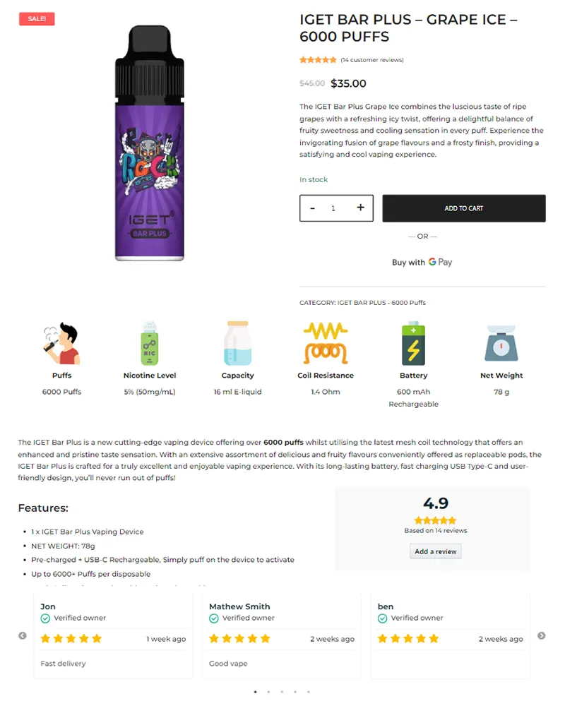 IGET Vape Online Store Product Page